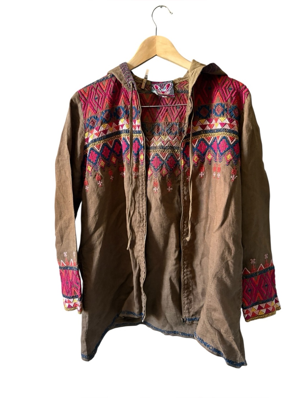 Johnny Was Embroidered Boho Hooded Zip-Front linen Jacket Multicolor Size Small